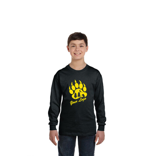 Gildan Heavy Cotton™ Long-Sleeve T-Shirt G540B for youth in black, featuring a yellow bear paw print design with trees and “Your Logo” text on the chest, worn by a boy in jeans.