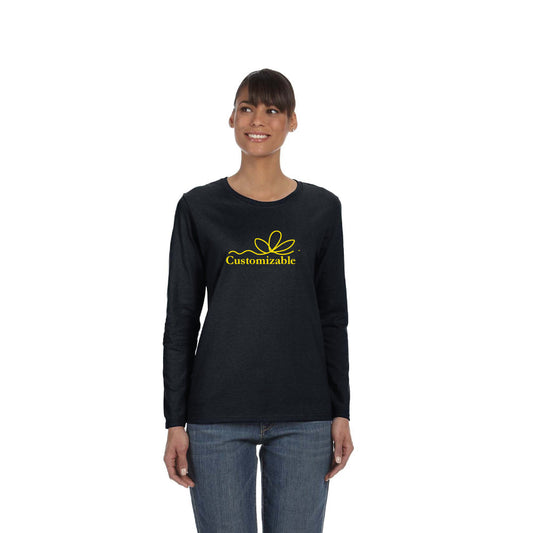 Gildan Heavy Cotton™ Long-Sleeve T-Shirt G540L for ladies in black, featuring a yellow customizable logo design on the chest, worn by a woman in blue jeans.