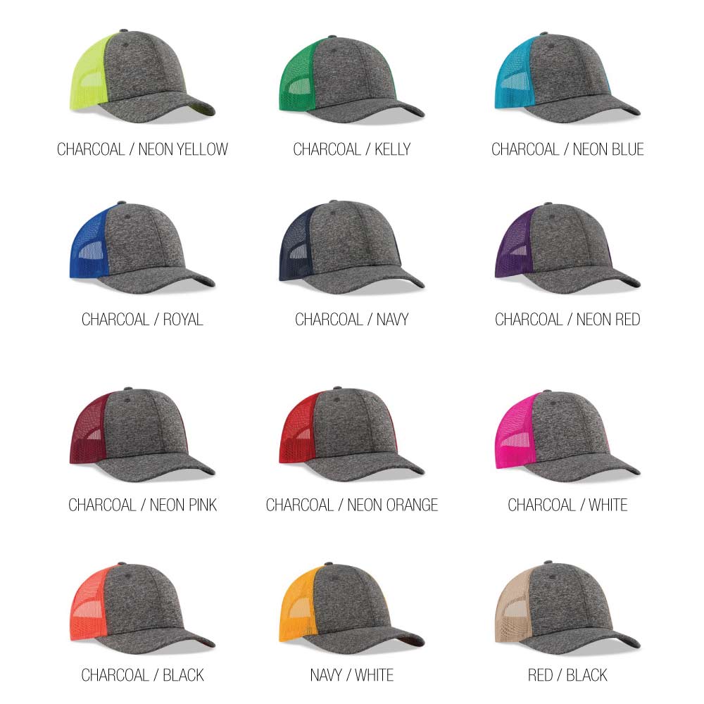 Jersey constructed mesh caps in various color combinations including charcoal with neon yellow, kelly, neon blue, royal, navy, neon red, neon pink, neon orange, white, black, navy with white, and red with black; features mesh backs and adjustable closure.