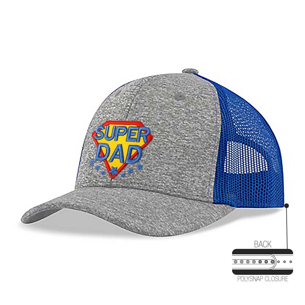 Jersey constructed mesh cap with grey front panels, blue mesh back, and embroidered "Super Dad" logo on the front; features adjustable polysnap closure.
