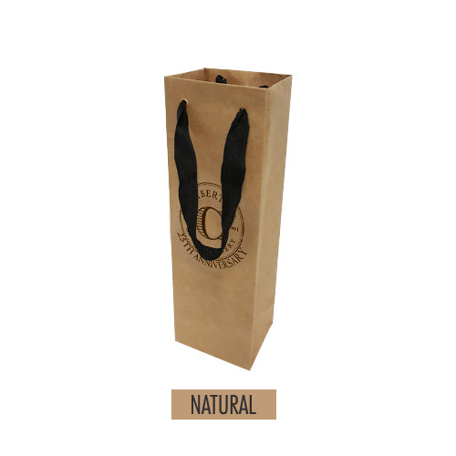 Natural Manhattan style paper wine bag with black handles, designed for one bottle, measuring 4 x 3.25 x 12 inches, made from 120gsm kraft paper.