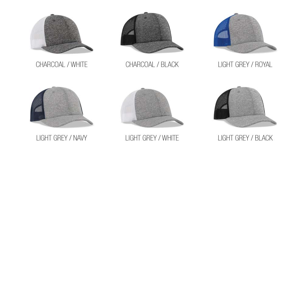 Mesh caps in color combinations including charcoal with white, charcoal with black, light grey with royal, light grey with navy, light grey with white, and light grey with black; features mesh backs and adjustable closure.