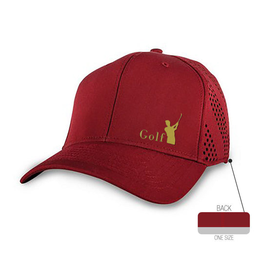 Red Nu-Fit® Performance Laser Cut Cap featuring laser-cut ventilation holes on the sides and a gold golf logo on the front, shown with one-size stretch fit back view.