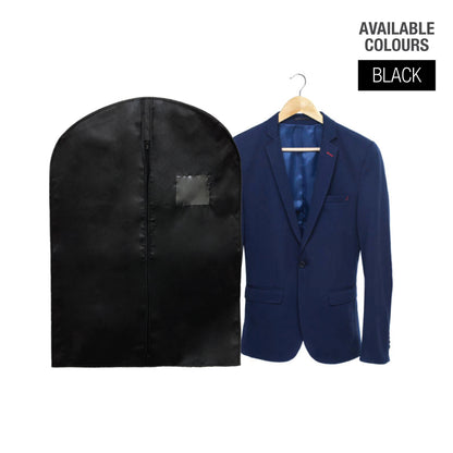 Plain black non-woven garment bag 23" x 33" displayed next to a navy suit jacket on a hanger, bulk pack of 10 pieces.