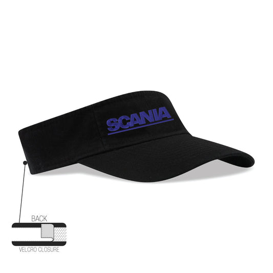 Washed cotton twill visor in black featuring a purple SCANIA logo on the front, with Velcro closure at the back.