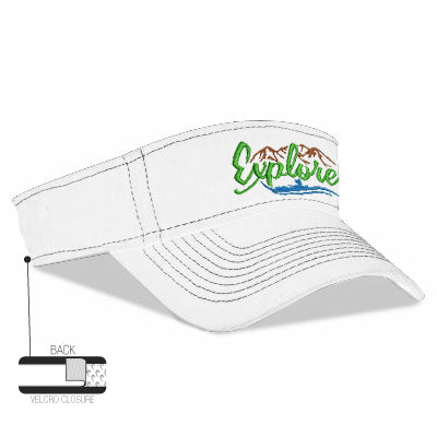 Washed heavy cotton twill visor with contrasting stitching in white, featuring a green and brown “Explore” logo with mountain and water design, and Velcro closure at the back.